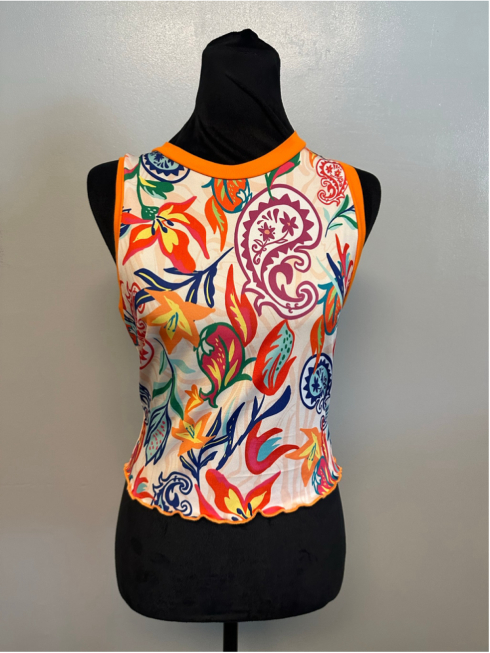 SHEIN Tank Top Size 6 White Orange Floral Paisley Print